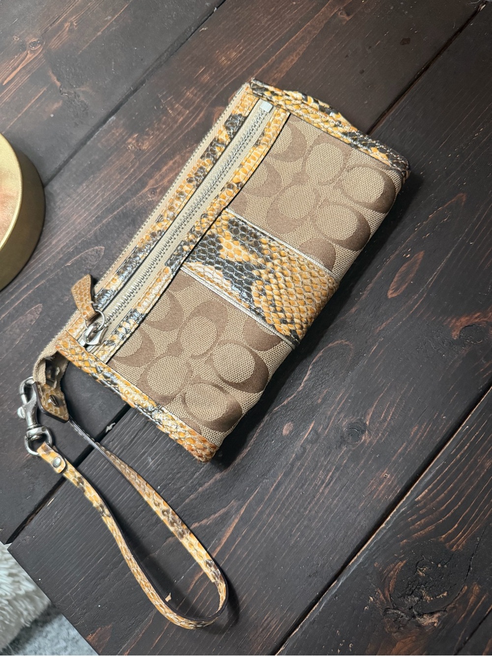 Coach Brown Signature Wristlet with Yellow Snakeskin Trim